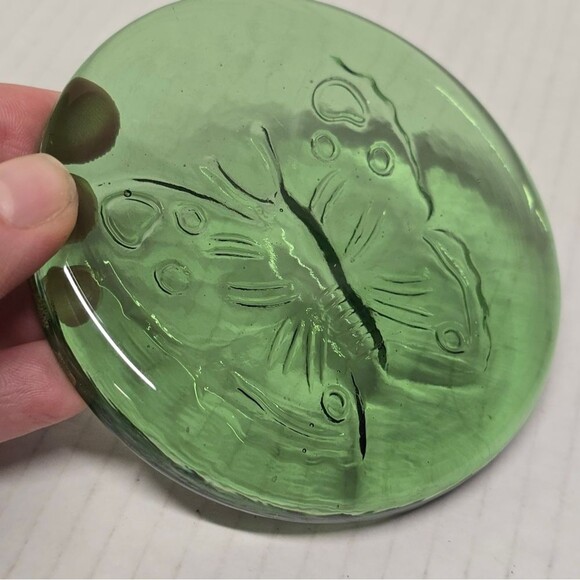 Vintage Green Glass Flat Round Embossed Butterfly Paperweight - Picture 2 of 7